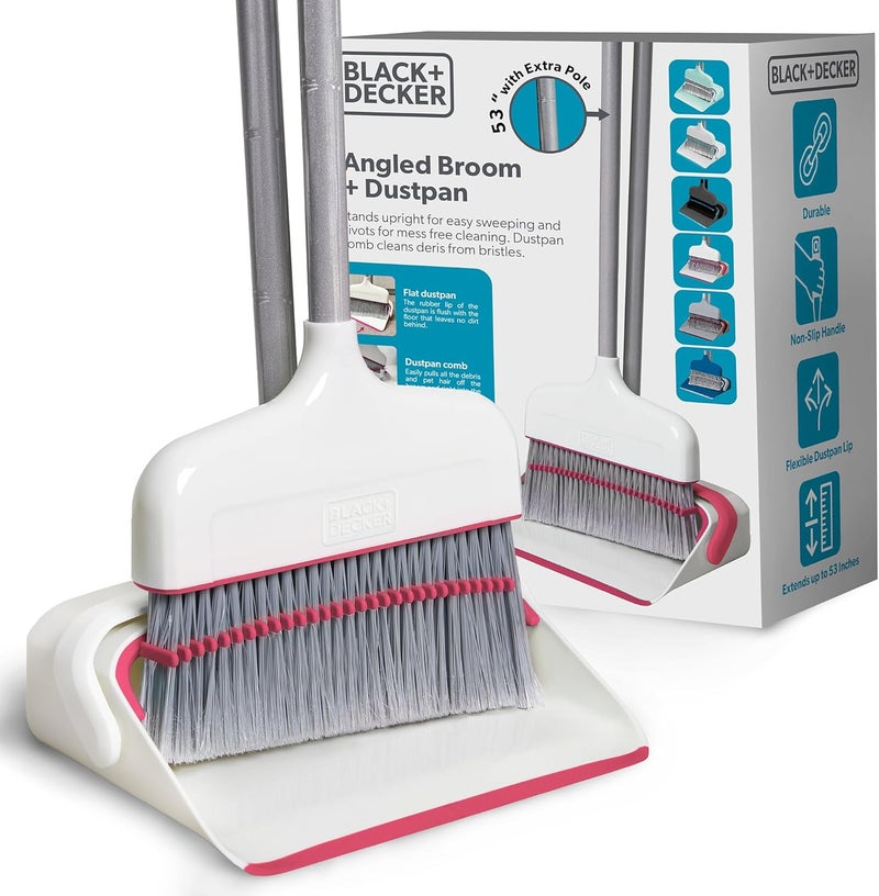 BLACK+DECKER Butler Broom & Dustpan Set - Stand-Up Design - Lightweight, Space-Saving Combo for Kitchen, Living Room, Bathroom, Lobby Floors - Home Cleaning Essential, White/Pink - Image 1